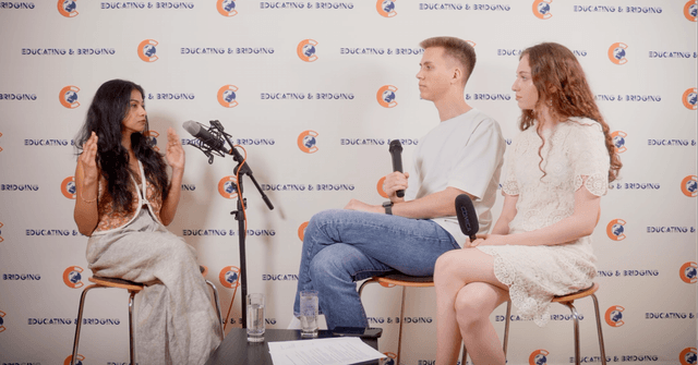 Three people recording a podcast interview