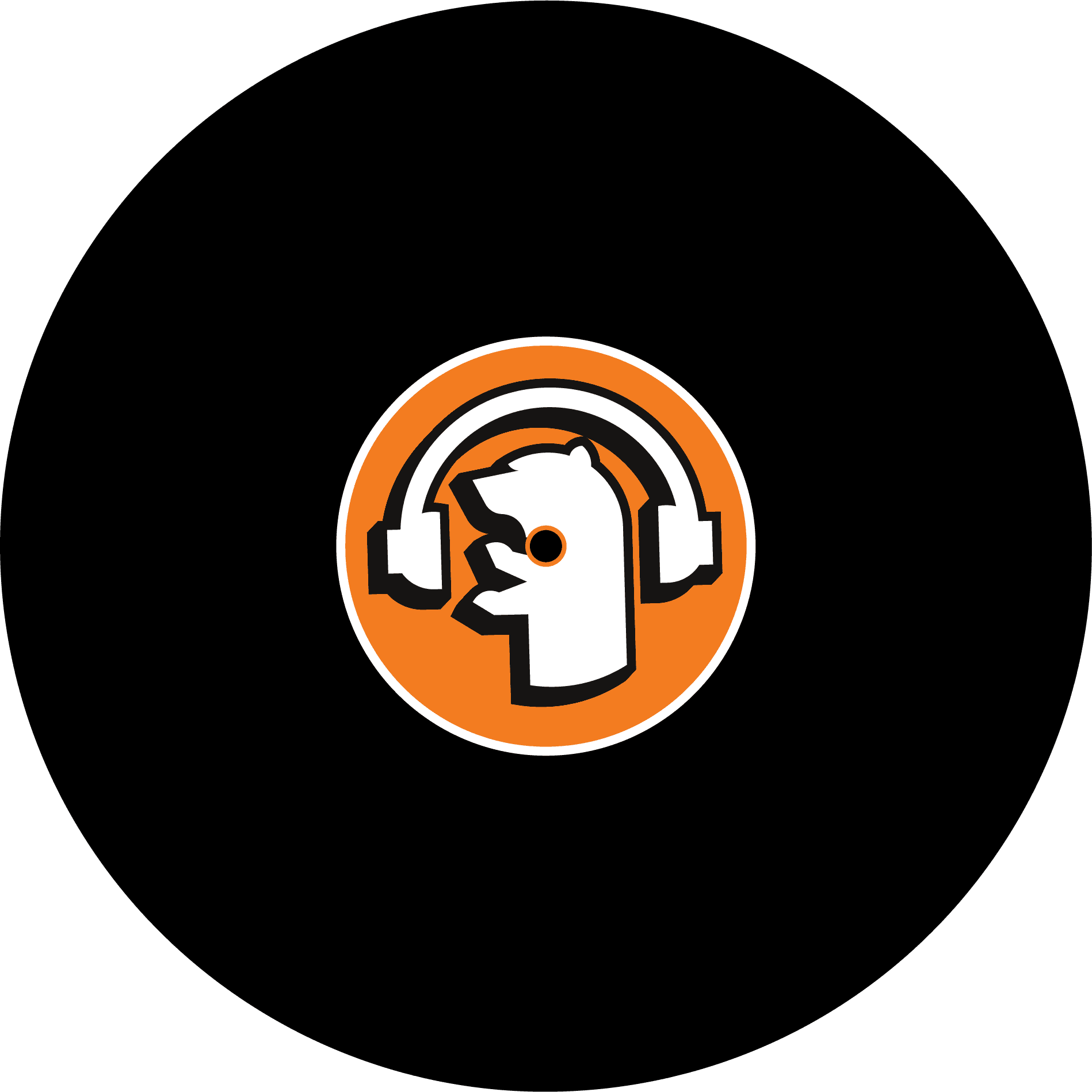 Vinyl record with the podcast bear logo